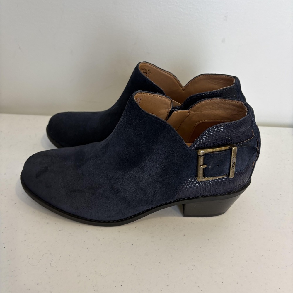 Vionic Boots Womens Size 6.5 Navy Suede‎ Ankle Booties Side Zip Buckle Low Heel
